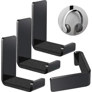 4 Pieces Headphone Hanger Holder Desk Adhesive Headphone Hook Wall Mount Headset Stand Acrylic Holder with Glues for General Purpose Game Earphone(Black)