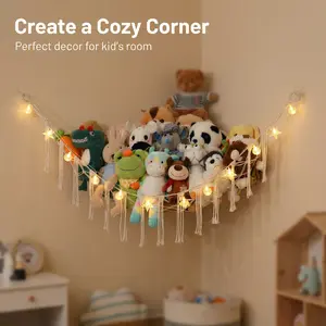 60in Hangable Boho Toy Hammock with Star LED String Lights, Soft Cotton Hanging Corner Net Bag, Magical Kids Room Storage Organizer for Stuffed Animals, Home Supplies Decor