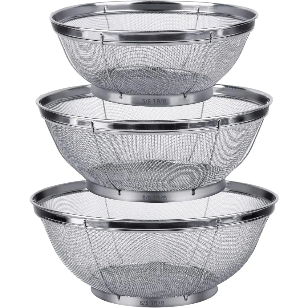 Pack of Kitchen Strainers, 18/8 Stainless Steel Colanders, Fine Mesh Strainers for Pasta, Rice and Fruit, Sieves for Straining, Draining, Rinsing or Steaming (5-Quart, 4-Quart and 3-Quart), Food Preparation, Dishwasher Safe