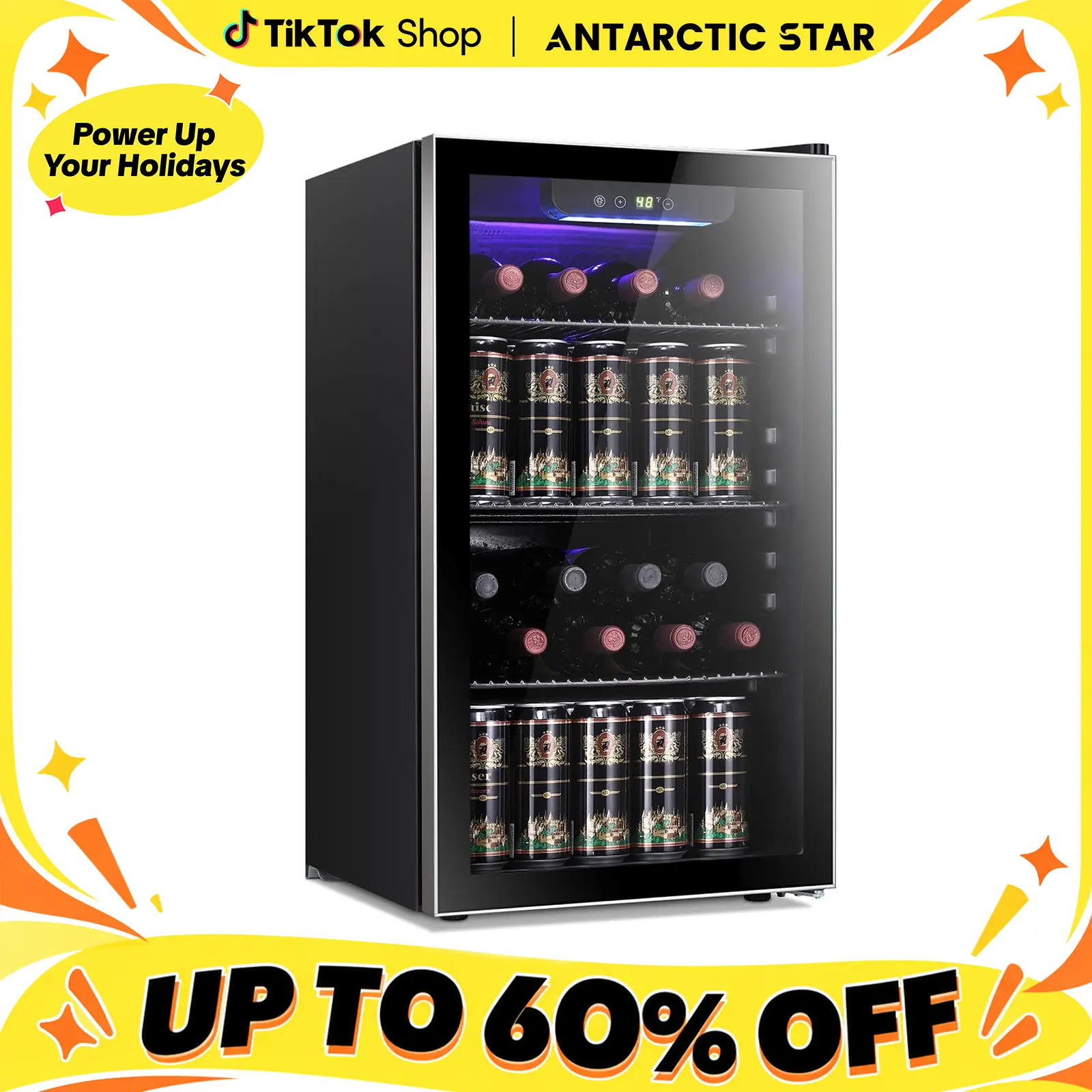 【SUMMERSALE】Antarctic Star 3.2 cu.ft Corded Compressor Mini Fridge - Countertop Glass Door with Digital Display LED Screen & Thermostatic Controls, 100-Can Capacity for Soda Beer Wine, for Home Bar Small Spaces, Mini Fridges