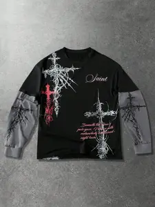 Men's Gothic Cross Graphic Tee, Long Sleeve, Menswear, with Color-Block Sleeves, Saint & Poetic Text, Edgy Streetwear, Loose Fit, Soft Fabric, Daily Wear, Casual Loose Tee