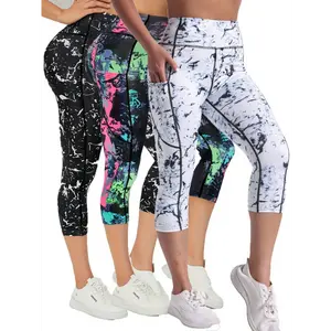 3pcs High Waist Yoga Capris Pants For Women, Tummy Control Workout Capri Leggings With Pockets, Fitness Running Capri Pants