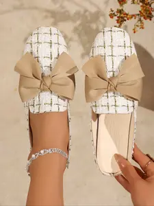 Chic Tweed Mules with Bow Design, Elegant and Soft Style, Perfect for Sophisticated Looks, Ideal for Special Occasions