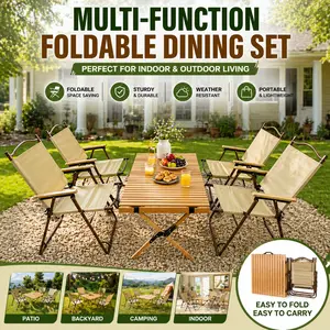 Multi-Function Foldable Portable Dining Set – 1 Dining Table with 4 Folding Chairs, Indoor & Outdoor Universal Use, Natural Style