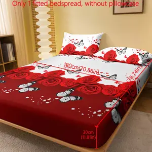 Rose Print Fitted Sheet, 1 Count Floral Pattern Comfy Bedding Bedspread, Modern Romantic Design Summer Bedding For Home Bedroom, Bedroom Decor, Bedroom Accessories, Floral Sheets