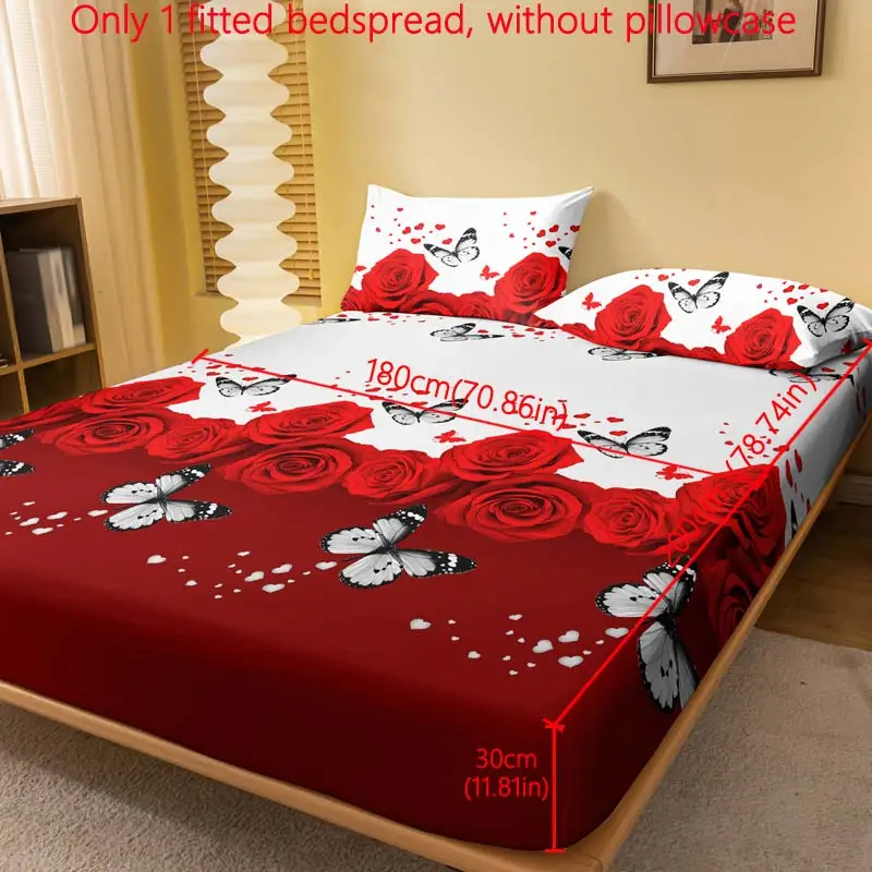 Rose Print Fitted Sheet, 1 Count Floral Pattern Comfy Bedding Bedspread, Modern Romantic Design Summer Bedding For Home Bedroom, Bedroom Decor, Bedroo