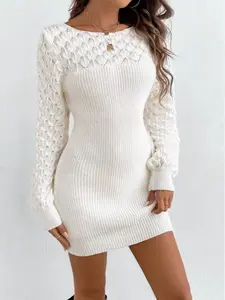 Women's Knitted Long Sleeve Dress, Plain, Hollow Out Neckline Design, Perfect for Autumn & Winter Seasons