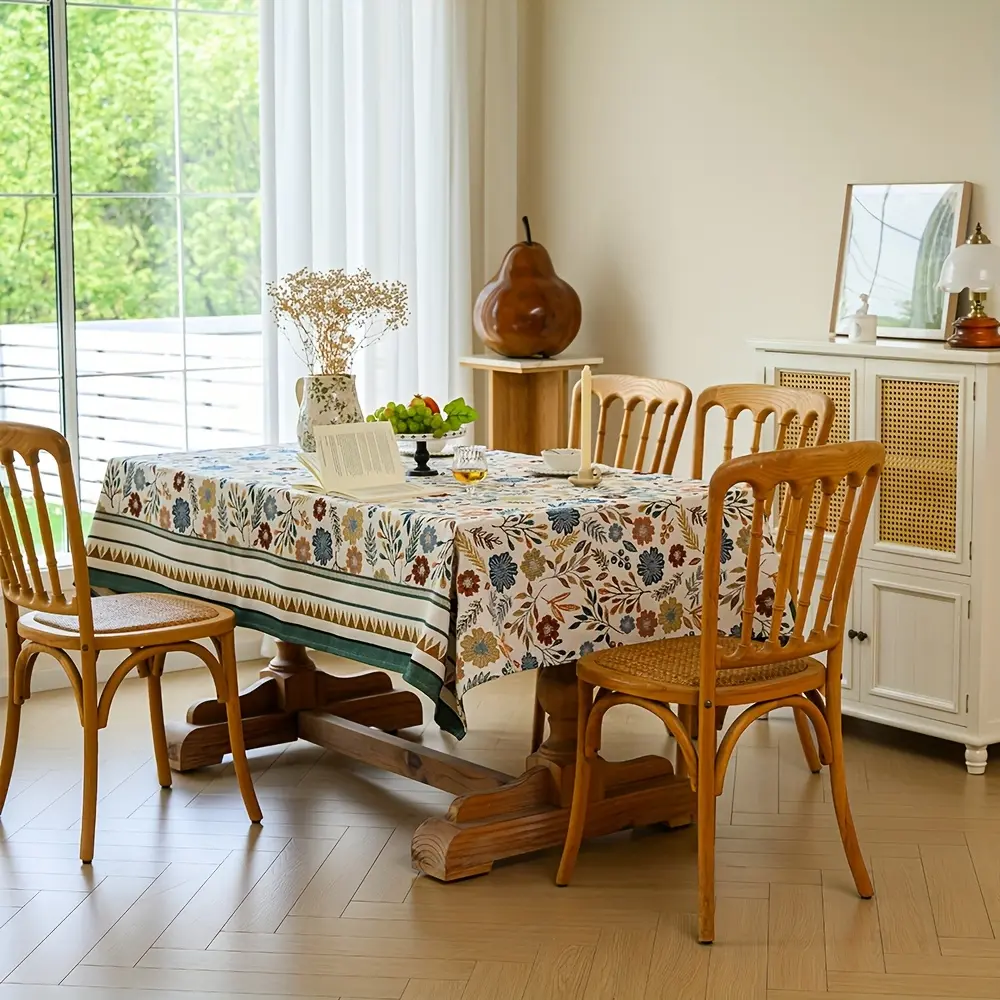 Glam Polyester Ditsy Floral Jacquard Rectangle Tablecloth - Elegant Decorative Cover with Daisy Wreath, Balloons, Uplight, Biodegradable Elements for Dining Tables, Spring Festive Events, Indoor-Outdoor Home Use