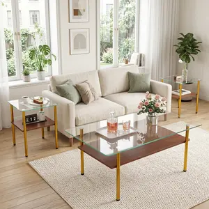 3 Piece Living Room Table Set, Glass Coffee Table Set of 3,Include 1 Rectangle Coffee Table with 2 Square End Tables, Modern Glass Center Table Sets with Storage Shelve and Gold Metal Legs,for Living Room,Apartment ,Small Space