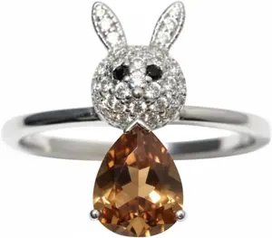Bunny Rabbit Ring, Silver Tone, Orange Gemstone, Crystal Accents, Animal Design