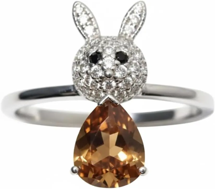 Bunny Rabbit Ring, Silver Tone, Orange Gemstone, Crystal Accents, Animal Design