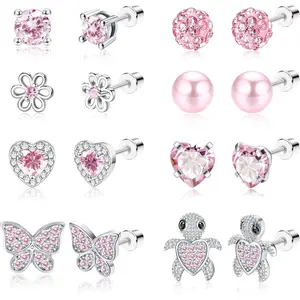 FINREZIO 8 Pairs Pink Silvery Stainless Steel Earrings Studs for Women Men Shining CZ Heart Hypoallergenic Screw Back Earrings Sweet Flower Multicolored Butterfly Stud Earrings Set