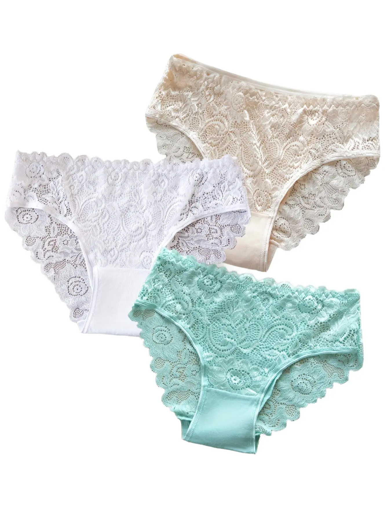 Women's Panties (3/6 pieces) - Lace floral design, breathable and openwork fabric, cooling ice silk material, high elasticity, anti-rolling edges. Comfortable everyday underwear, even for long hours at the office, Fit, Womenswear