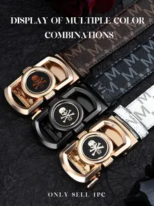 New Trendy Skull Head Automatic Buckle Belt, M Letter Printed Waistband, Men's Fashion Versatile Casual Punk Pants Belt