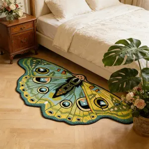 Irregular Shape Bedside Rug, Butterfly Moth Pattern, Soft Velvet Carpet, American Style Home Decor, Bedroom Living Room Kitchen