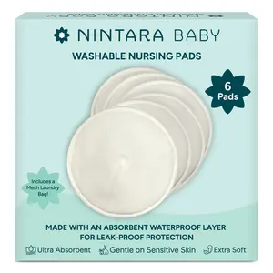 NintaraBaby Reusable Nursing Pads – 4-Layer Organic Bamboo Cotton, Ultra-Soft, Absorbent & Leak-Proof, Contoured Comfort Fit, with Laundry Bag