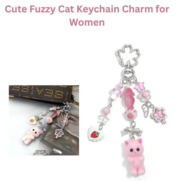 Cute Fuzzy Cat Keychain Charm for Women, Kawaii Plush Bag Charm for Handbags, Purse & Keys Summer Gift