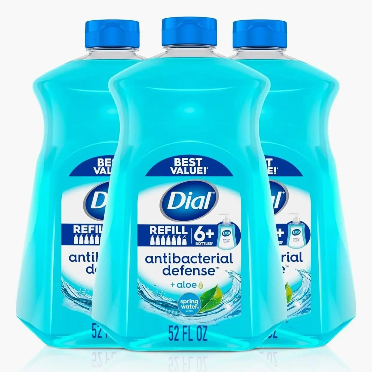 Dial Antibacterial Defense Liquid Hand Soap + Aloe, Spring Water Scent, 52 Fl Oz Hand Soap Refill (Pack of 3), Dermatologist-Tested, Gentle Formula