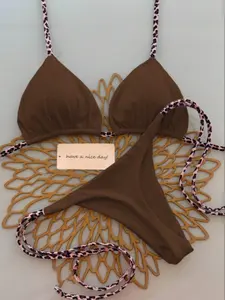 Women's Leopard Print Triangle Bikini Set, Coffee Color Two-Piece Swimsuit, Fashionable Summer Beachwear & Pool Party Swimwear, Bikini Swimsuits