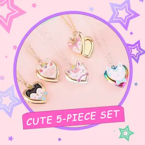 PinkSheep Heart Locket Necklace Picture Necklace for Girl Women Boy Kids Photo Secret Inside Storage Vintage Necklace Unicorn Deer Cat Pendant Kids Gifts Jewelry Young Girls Women
