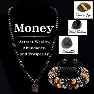 2Pcs Money Attraction Jewelry Set Geometry Natural Stone Pendant Tiger Eye Stone Beads Necklace Handmade Retro Triple Protection Bracelet, Tigers Eye Black Obsidian and Hematite Beads Valentine's Day Gift