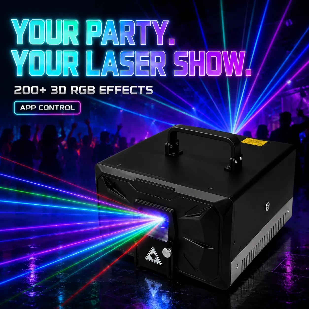 3D RGB DJ Laser Light with APP Control, 200+ Built-In Effects, Custom Text & Pattern Projection, DMX512, Sound Activated, Remote Control, Auto & Master/Slave Modes for Parties, Clubs, Weddings & Events