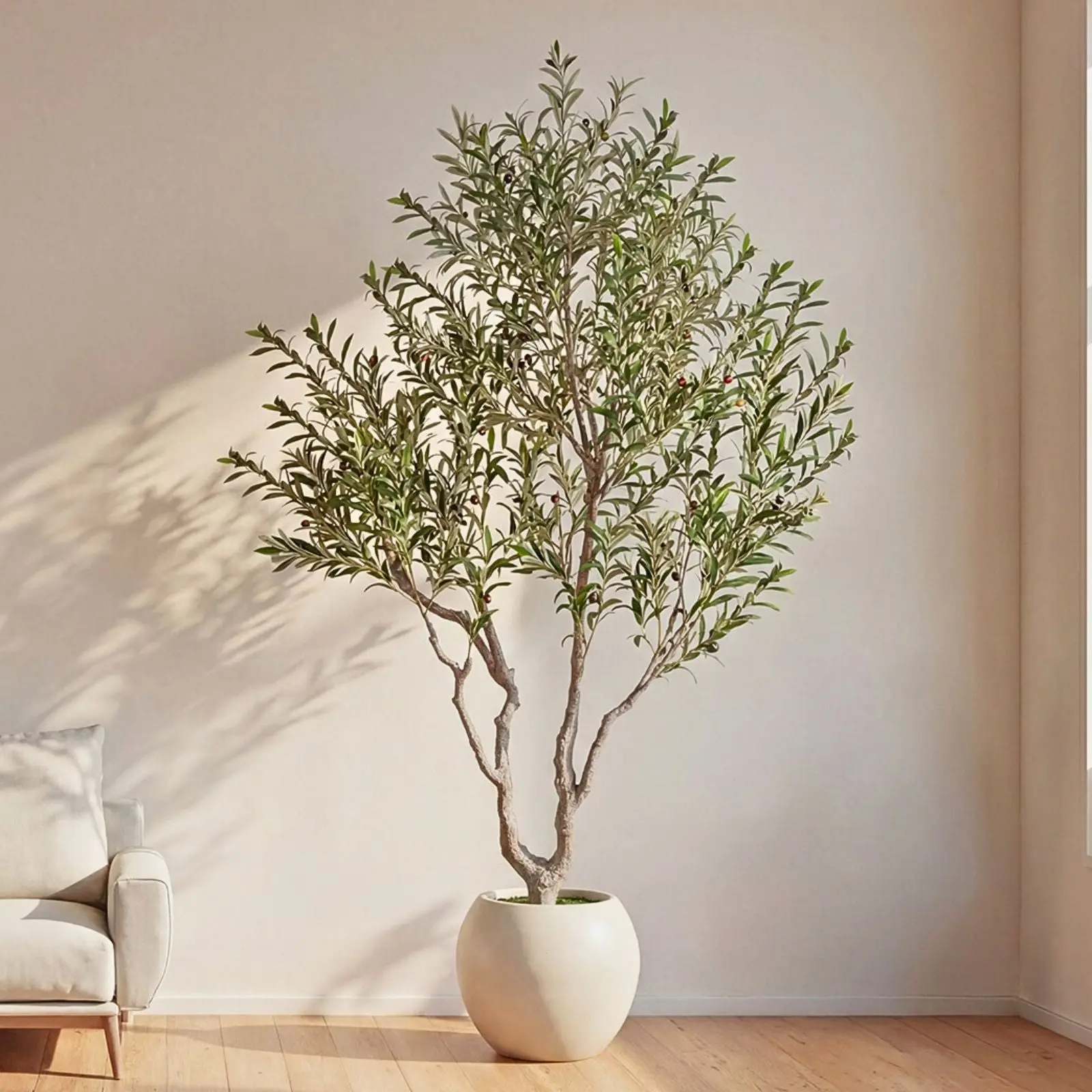 Romswi 7FT 8FT Artificial Olive Tree with White Planter, Faux Olive Tree Realistic Leaves Lifelike Fruits Natural Trunk, Indoor Decor for Home Office