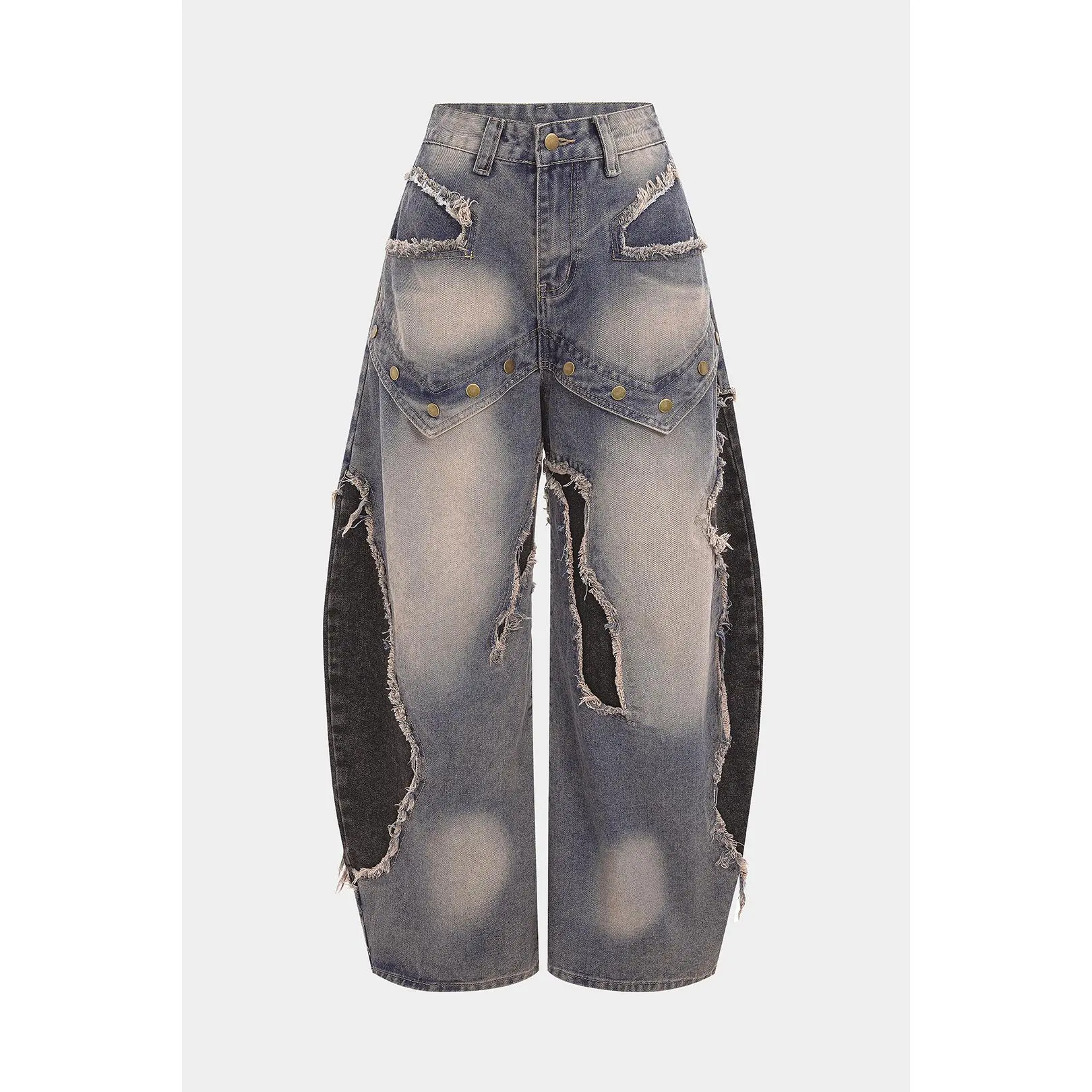 Denim Patchwork Frayed Rivets Barrel Leg Jeans