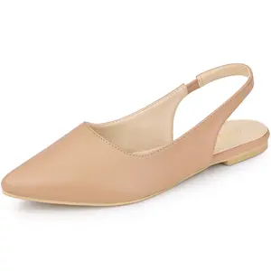 BLISSFUL STEP Faux Leather Pointed Toe Pumps Slingback Flat Pumps Nude