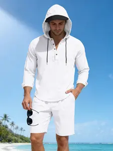 Men's Summer Linen Blend Hooded Henry Shirt Set, Long Sleeve Top and Matching Short Pants, Casual Vacation Wear, Independent Packaging