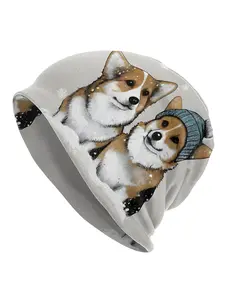 Pembroke Welsh Corgi Print Knit Beanie Hat, Fashionable Polyester Blend Cap with Elastane, Stretchable, Cozy Winter Skull Cap, with Novelty Animal Friends Design for Men