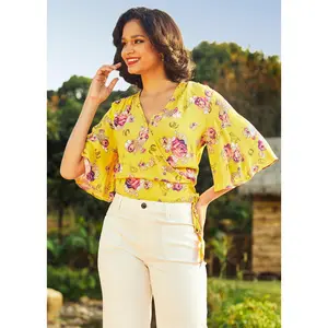 ModCloth Best Is Yet to Come Wrap Top Surplice Neck Short Bell Sleeves Side Tie - Yellow Floral Western Print (XS, S, M, L)