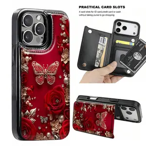 Trendy and fashionable red pearl flower butterfly themed anti-drop leather card holder phone case,for iPhone 17 Pro Max Phone Case 17 Air 16 15 Plus 14 13 12 , Samsung Galaxy S25 ULTRA FE Plus S22 S23 FE S24 Plus