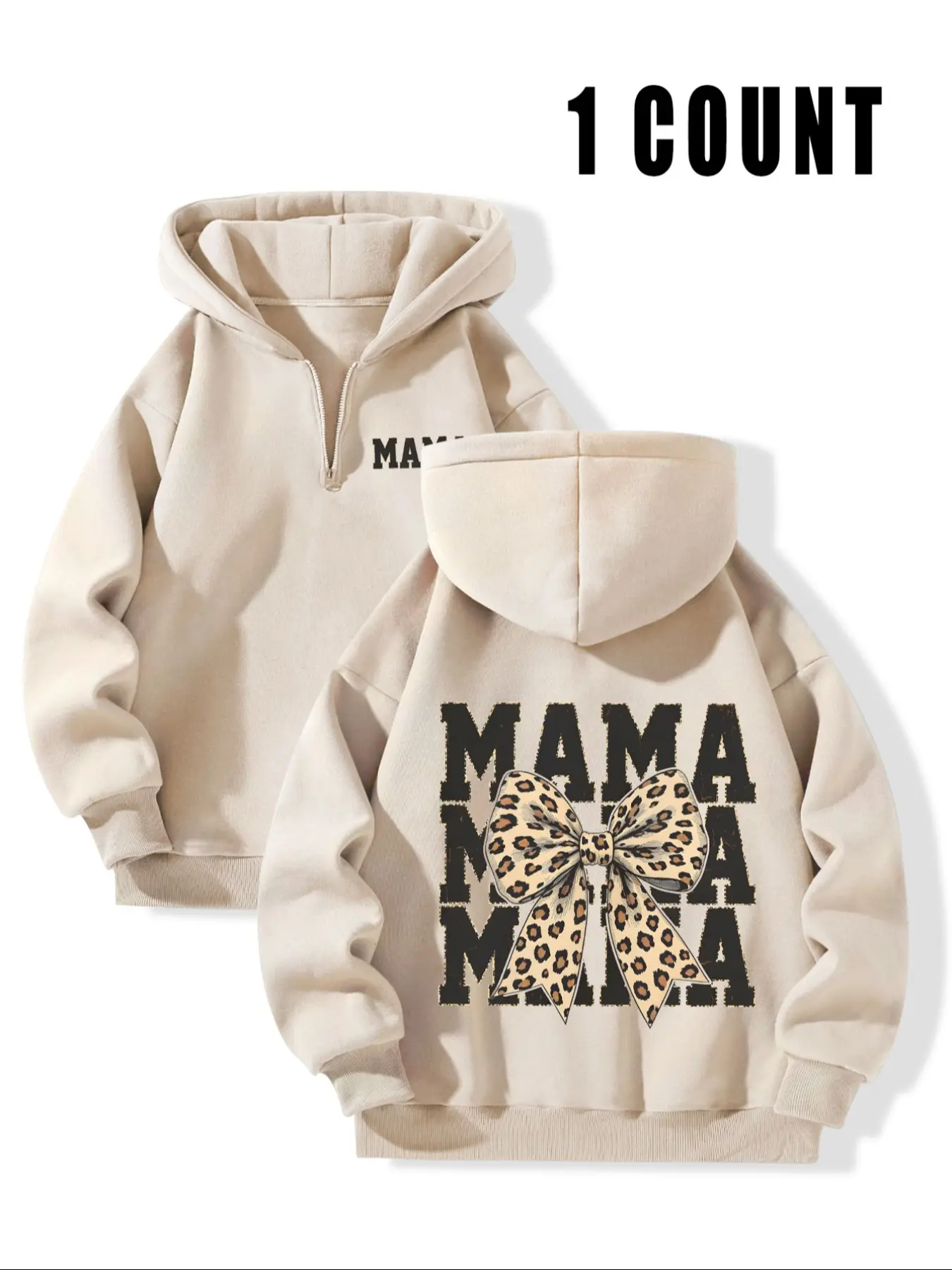 "MAMA" Leopard Bow Loose Oversize Thick Graphic Hoodie Sweatshirts Garment - Mom Style Casual Top Everyday Soft
