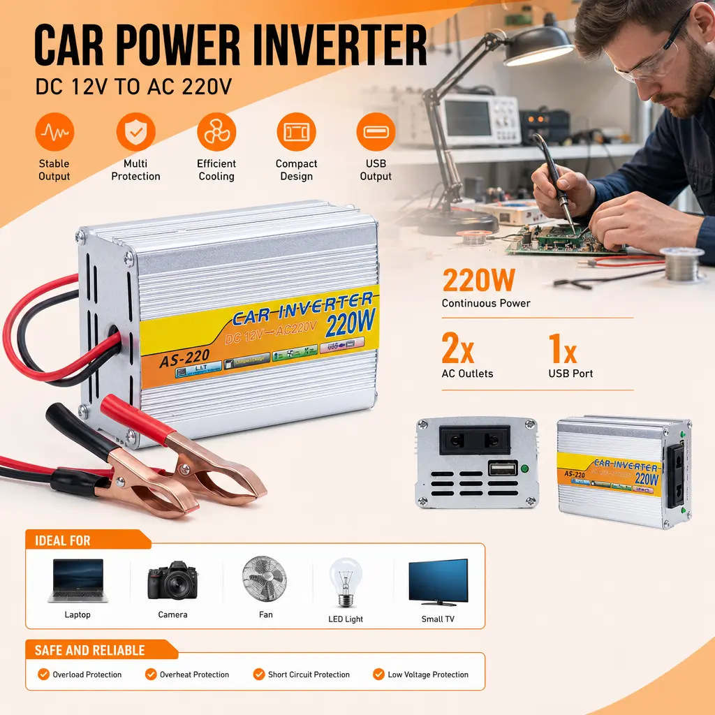 220W Car Power Inverter DC 12V to AC 220V, Portable Vehicle Power Converter with USB Port, Compact Car Charger Adapter for Laptops Phones Cameras, Perfect for Road Trip Camping Travel Emergency