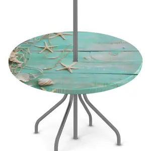 Summer Seashells Wood Pattern Round Outdoor Tablecloth with Umbrella Hole & Hidden Zipper, Waterproof Round Fitted Tablecloth Wipeable Table Cover for Picnic Garden Fits 45"-56" Patio T