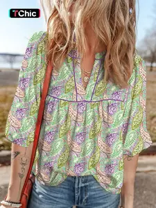 Summer Casual Bohemian Boho Paisley Print Half Bubble Sleeve Shirt Blouse, Women's Fashion Top, Comfortable and Stylish, Perfect for Daily Wear