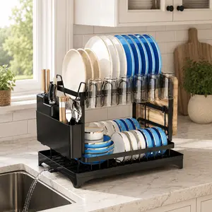 2-Tier Dish Drying Rack with Drainboard, Large Capacity Kitchen Counter Organizer