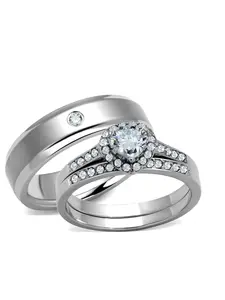 His Hers Halo 3 Piece CZ Wedding Ring Set Stainless Steel bridal ring