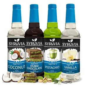 Syruvia Sugar Free Syrup Variety Pack – Coconut, Dubai Chocolate, Pistachio & Vanilla Flavors – Kosher, Gluten-Free Syrups for Coffee, Shakes & Desserts – 25.4 fl oz Bottles (Pack of 4)