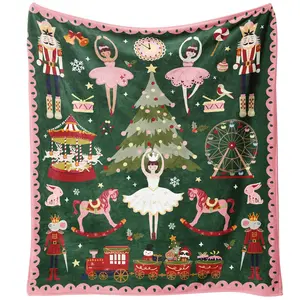 Coquette Nutcracker Ballet Christmas Blanket - Pink & Green Vintage Holiday Throw - Soft Flannel with Ballerina, Carousel & Train (Cute Xmas Gift)