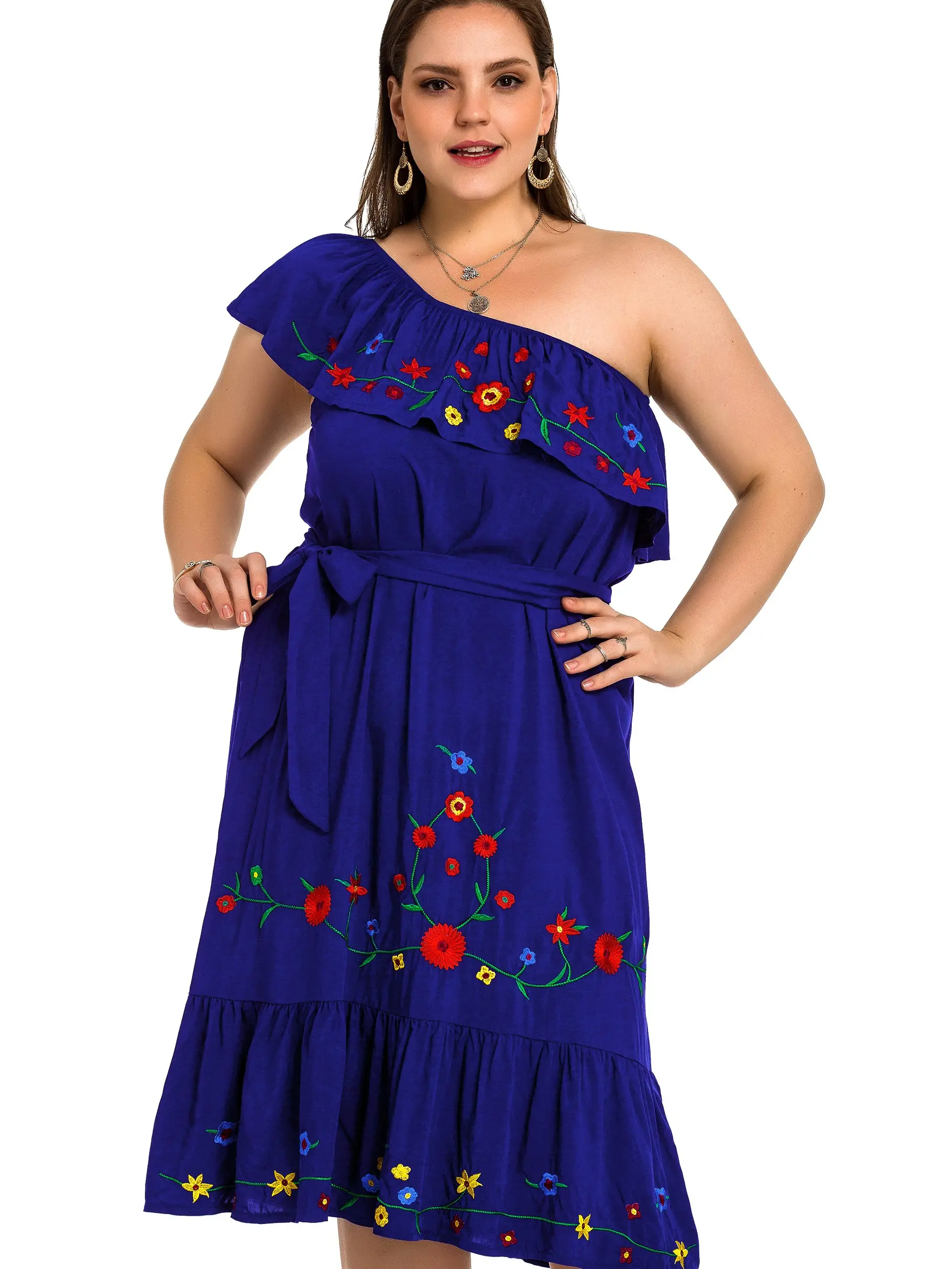 851 - Plus Size Embroidered Off Shoulder Mexican Hawaii Floral Summer Sun Dress Blue