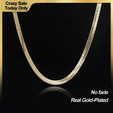 Holylegend 14K Real Gold Plated Herringbone Chain Necklace for Men, Flat Snake Design, Smooth Shine,Father's Day Gift
