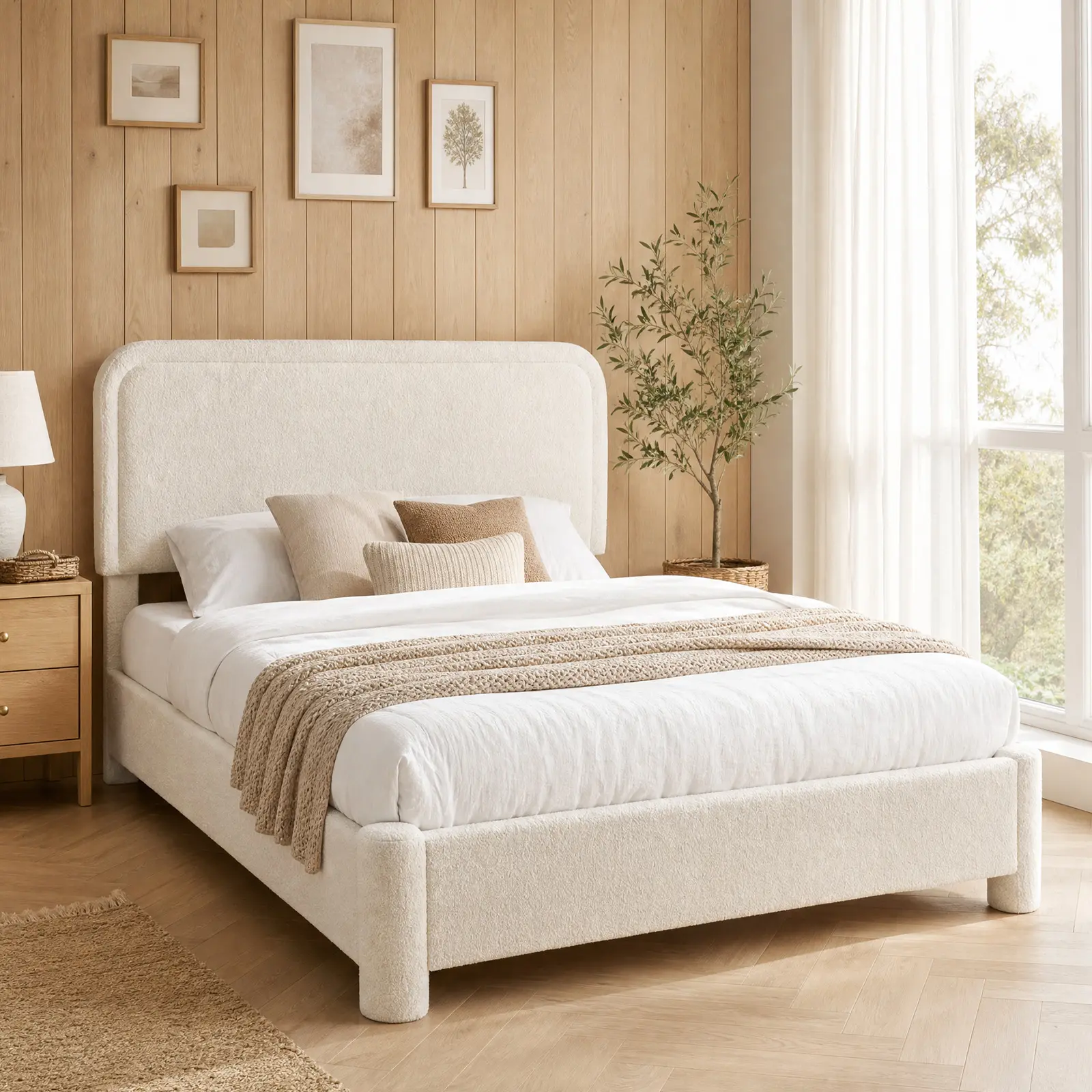 Cloud Bed Frame with Adjustable Headboard, Luxurious Teddy Boucle Platform Bed, Soft Rounded Corners, No Box Spring Required, Non-Slip and Noise-Free, Easy Assembly