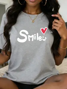 Women's Crew Neck Short Sleeve Tee Smile Heart Graphic Print Multiple Colors Available Oversized Fit Soft Breathable Cotton Blend Durable Washable No Shrink No Fade All-Match Base Tee Spring Summer Commute Office Date Daily Wear, Womenswear