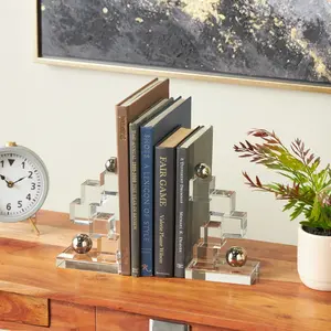 Set of 2 Geometric Clear Glass Stacked Squares Decorative Bookends with Silver Orbs