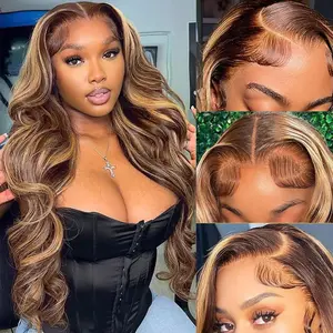 28" Ombre 13x6 Lace Front Wig Honey Blonde Body Wave Human Hair Glueless HD Lace Pre-Plucked with Baby Hair