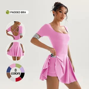 Hijesse Women's Solid Square Neck Sports Dress Inner Pocket, Casual Sporty Short Sleeve Skorts Dress for Daily Outdoor Sport, Ladies Sportwear for All Seasons, Womenswear, Tennis Athletic Dress, Tennis Attire