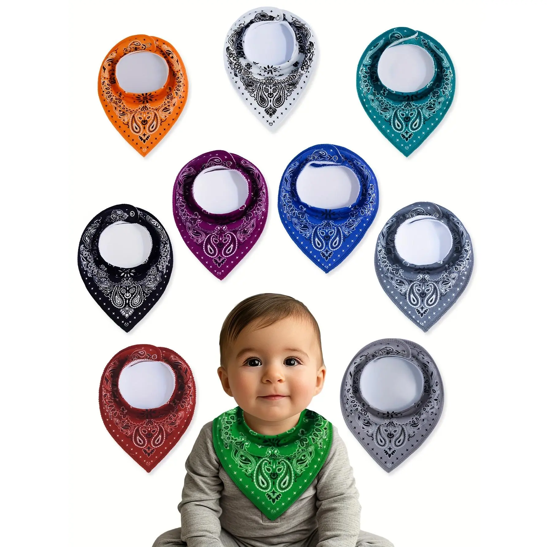 Adjustable Snap Bandana Bibs, Absorbent Breathable and Soft, for Boys and Girls, 10 Pack, With Paisley Pattern, for Outdoor