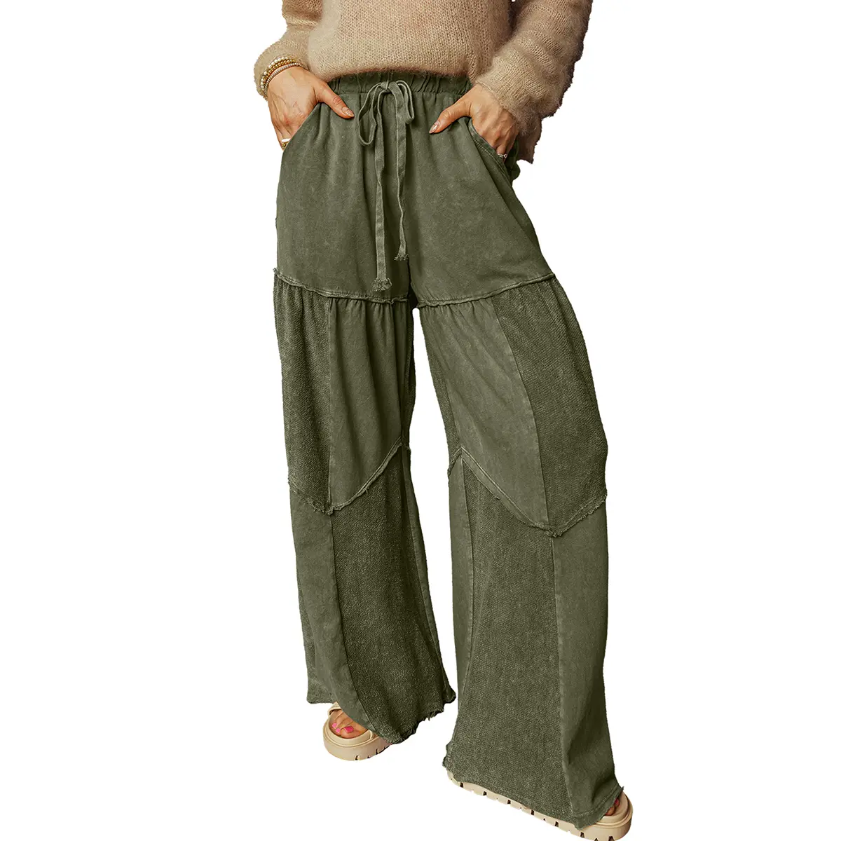 Mntaor Women's Black Mineral Wash Tiered Wide Leg Patchwork High Waist Drawstring Pants - Casual Trousers Aesthetic Bottoms,Winteroutfit